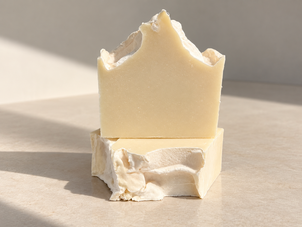 Two cream-colored tallow soap bars stacked in warm natural light